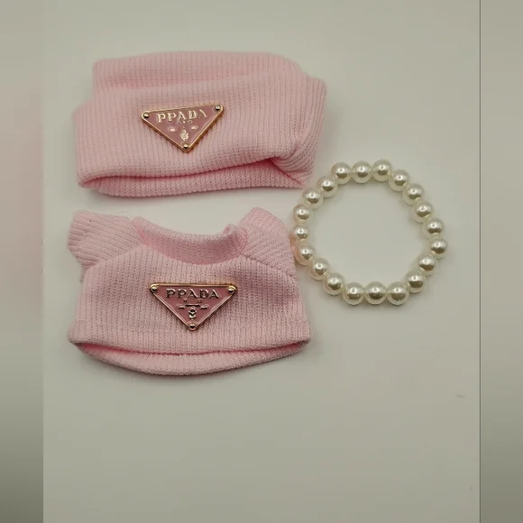 Labubu Prada Vibes Pink Skully&Matching Sweater Set&Pearl Necklace With Glasses - Picture 2 of 3